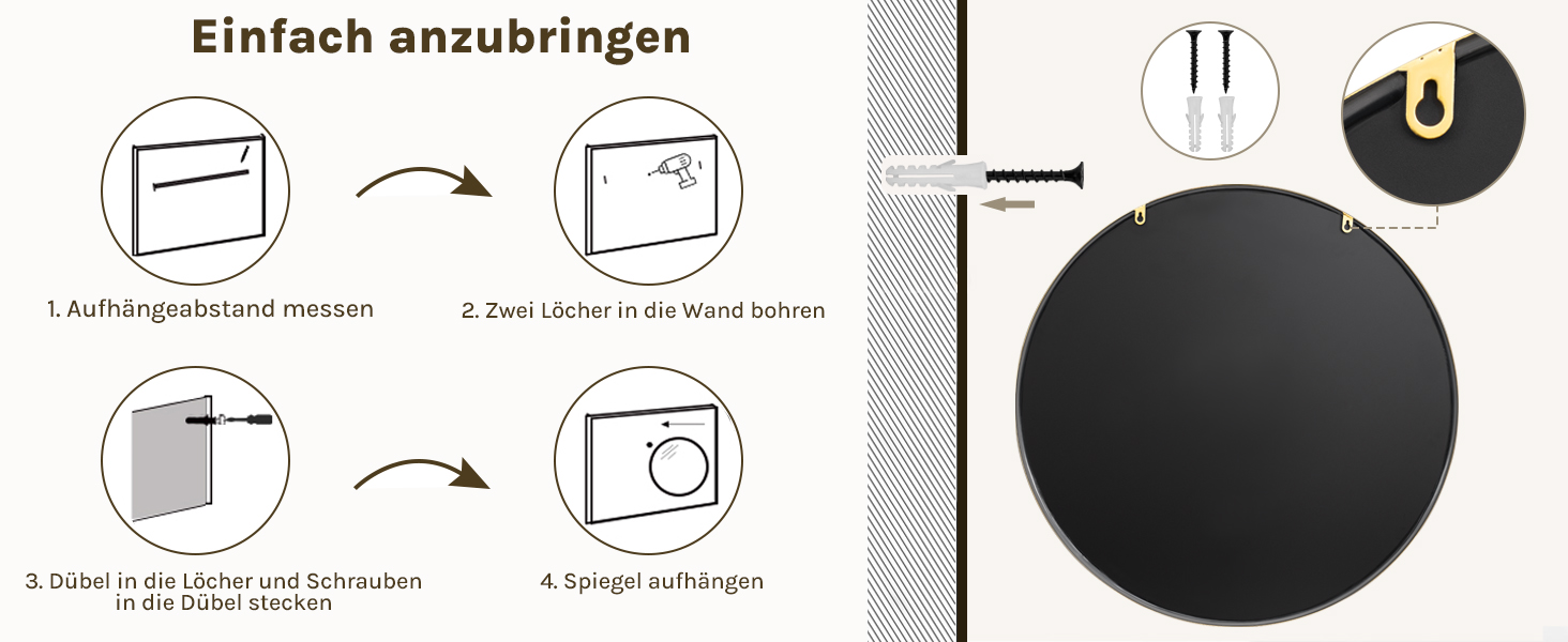 Круглий настінний дзеркало WOLTU 40 см з рамою, декоративне для ванної, спальні, вітальні, коридору, з металу, скла та MDF, золотий (71 x 71 см)