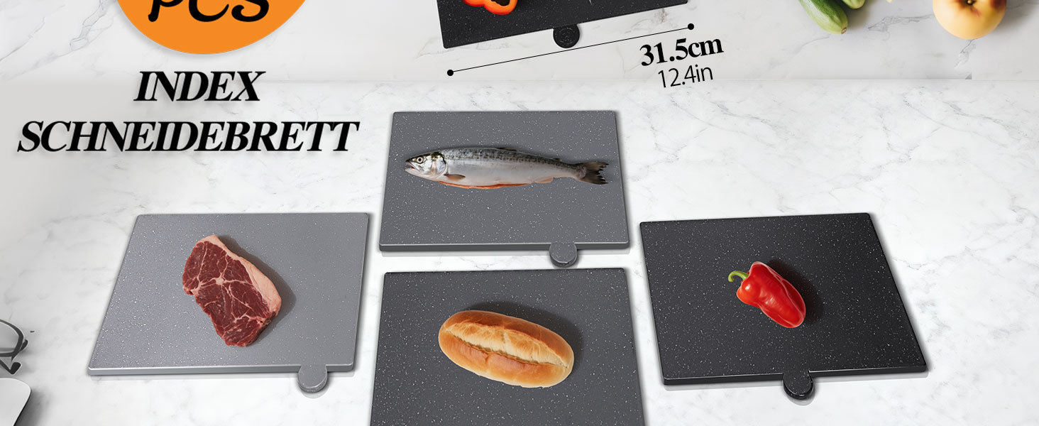 Набір обробних дощок MASTERTOP, 4 шт. з підставкою, індексовані, придатні для миття в посудомийній машині, великі кухонні дошки для риби, м'яса, овочів, фруктів