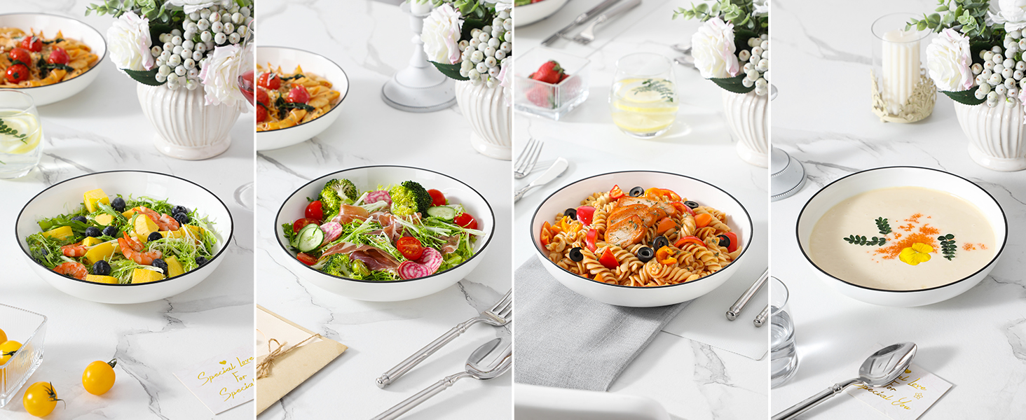 MALACASA Набір посуду 6 предметів: тарілки для пасти, супу, салату, сервірування. Глибокі тарілки для спагеті, велика супова миска. 1250 мл, білий з чорним обідком.
