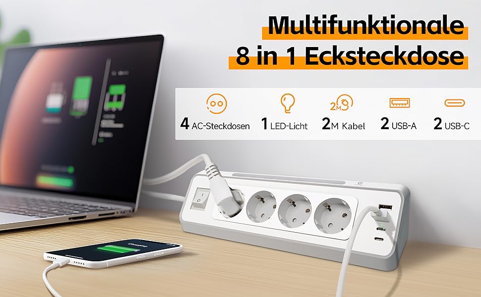Кутова розетка для кухні Ecksteckdose, 4-портова з 2 USB та 2 Type-C, 3680W/16A з LED, захистом від перенапруги, економна для дому, офісу, кухні, настінний монтаж, кабель 2м білий, 4-портова
