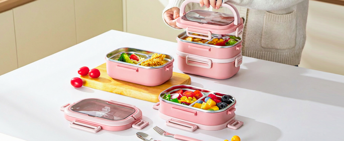 Ланчбокс Lille Home з 2 ярусами, 4 відділення, 1650 мл, з посудом, BPA-free, не протікає (Зелений) (Рожевий)