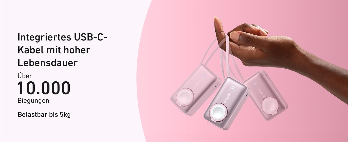Повербанк Anker MagGo 10000mAh для Apple Watch та iPhone 17/16/15, Samsung, iPad, AirPods, вбудований кабель USB-C, 35W Max, сертифікований, Рожевий