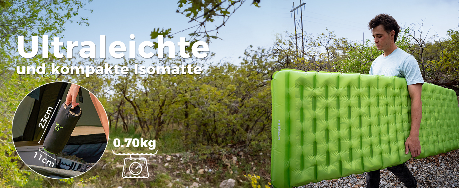 ATEPA ThermAir ізомат для кемпінгу та трекінгу, 6R, R-значення 6.6, 7 камер, компактний, з сумкою, 9см товщина, 9см зелений