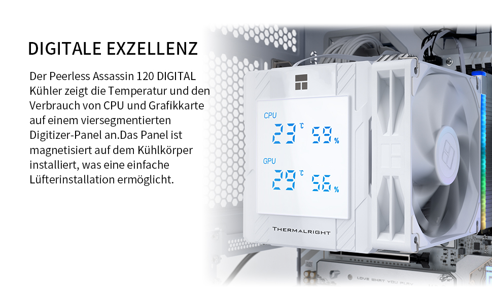 Кулер для процесора Thermalright Peerless Assassin 120 Digital ARGB White — двовежевий повітряний охолоджувач з цифровим дисплеєм, для AM4/AM5, LGA1851/1700/1200/115X