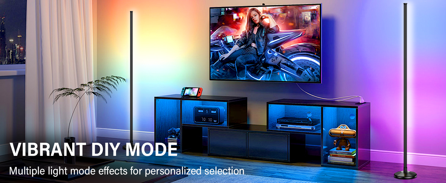 LED торшер для вітальні 145 см RGB, диммування, керування пультом/APP, 16 млн кольорів, 300 режимів, музичний режим, DIY, чорний