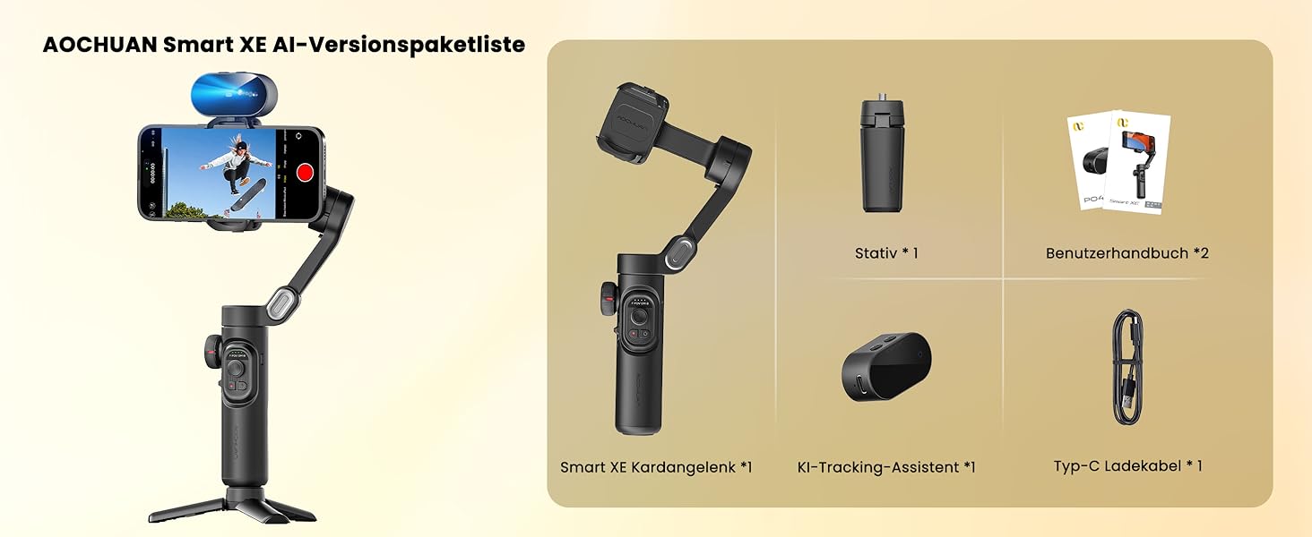 Стабілізатор для смартфона AOCHUAN 3-осьовий, складний, з фокусним колом, для iPhone та Android, Smart XE AI - для TikTok, YouTube, Vlog