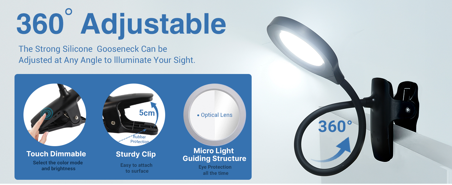 LED лампа для читання Akynite з акумулятором, 5 кольорів та 5 рівнів яскравості, кріпиться на ліжко, дитячий столик, чорна