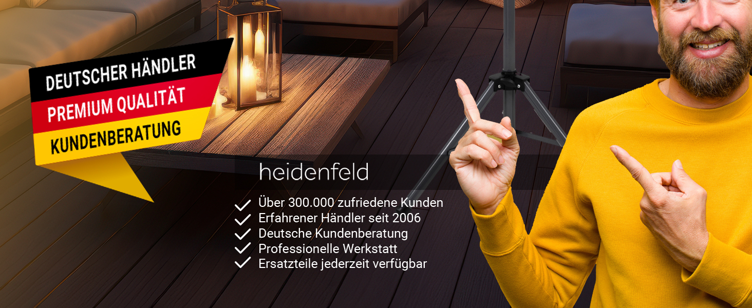 Інфрачервовий обігрівач Heidenfeld IH100 | 3 роки гарантії, 2500 Вт, з пульт, штатив, захисний чохол, для тераси, інфрачервоний, обігрівач для тераси