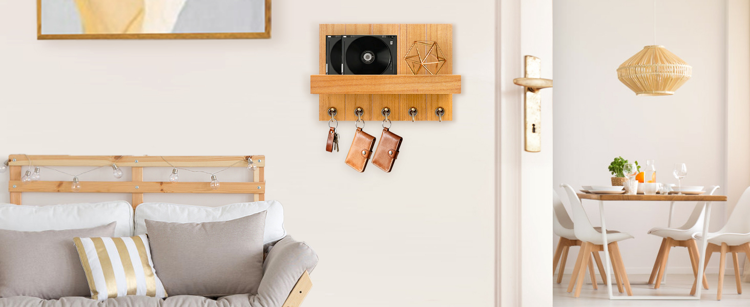 Дерев'яне ключниця з полицею, 5 гачків, для прихожей, вітальні, спальні - жовтий колір