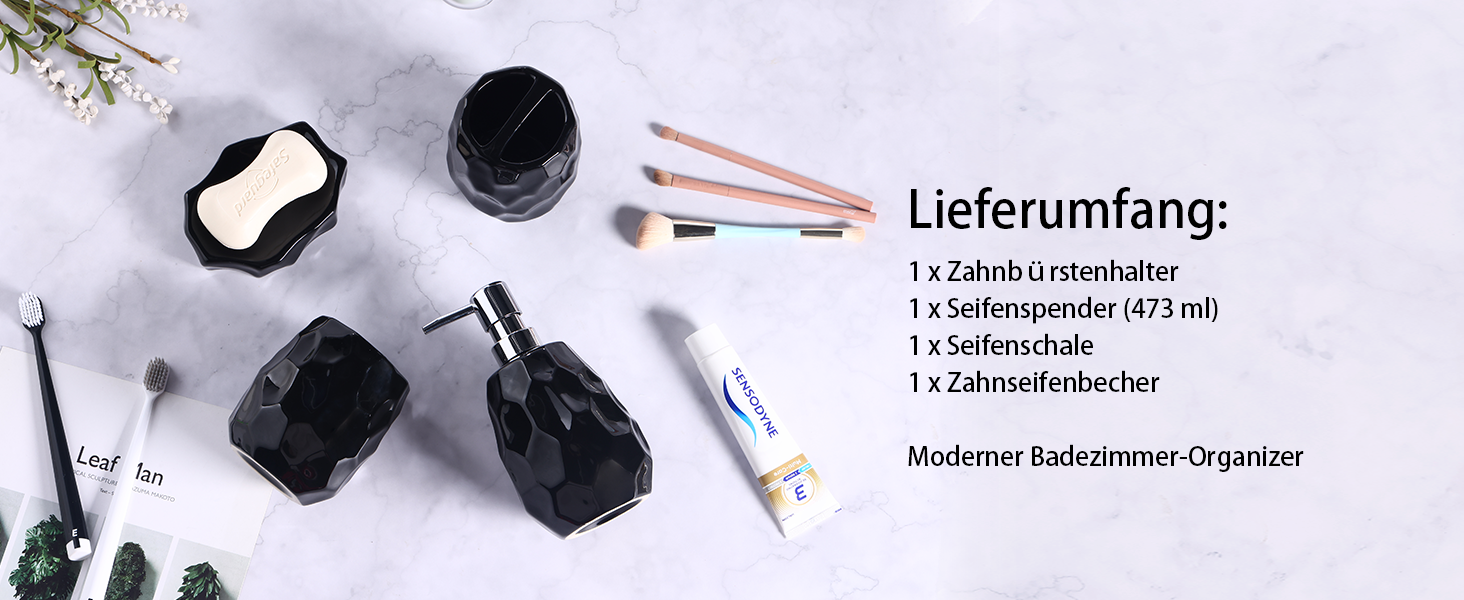 Набір аксесуарів для ванної кімнати, 4 шт: диспенсер для мила, мильниця, тримач для зубних щіток, стаканчик для зубних щіток, органайзер для ванної кімнати (Чорний)