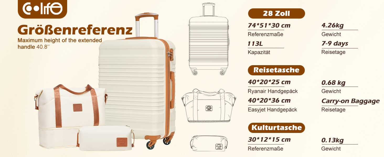 Набір валіз COOLIFE 6 в 1: дорожній набір 16', 20', 24', 28' + сумка та косметичка | ABS, 360° колеса, TSA-замок. Ідеально для подорожей, круїзів та навчання за кордоном. Білий/коричневий (великий набір 3 шт, жовто/чорний)