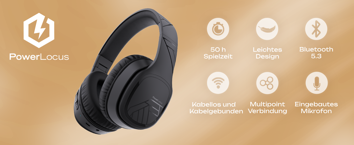 PowerLocus P7 Бездротові навушники Over-Ear, складні, з басами, Hi-Fi стерео, з функцією гучного зв'язку, USB-C зарядка, довгий час роботи, для iPhone/PC/TV, чорний