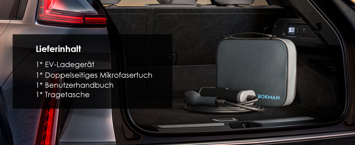 Кабель для зарядки електромобілів Bokman Typ 2 з CEE роз'ємом, 5 метрів, 6-16A, 11kW, 3-фазний, IP65 вологостійкий, портативний зарядний пристрій для електромобілів, мобільна зарядка, станція зарядки, IEC 62196-2, з сумкою та мікрофіброю