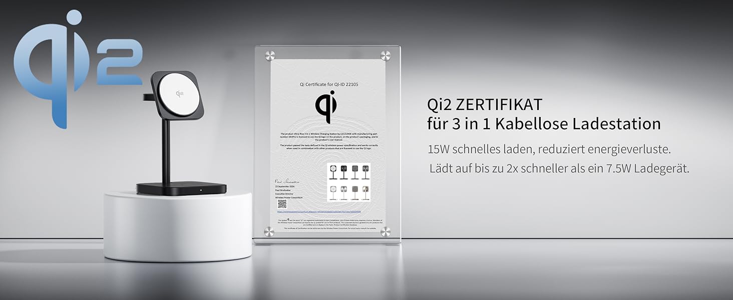 Станція зарядки LULULOOK Qi2 MagSafe 3-в-1 з алюмінію для Apple Watch та iPhone, 15W швидка зарядка для iPhone 17 Pro Max/17 Pro/17 Air/17, 5W для Apple Watch Ultra, AirPods, Титан (Чорний)