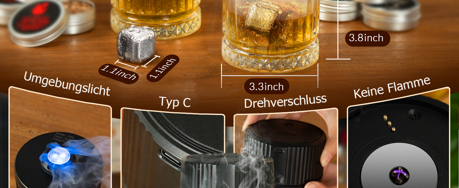 Набір для копчення віскі CIRYASR, електричний, без бутану, з 6 смаками дерев'яної стружки, RGB підсвічуванням, 2 склянки - подарунок для чоловіків