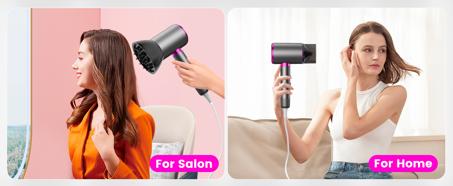 Іонізатор для волосся 2400W з кнопками холодного/гарячого повітря, 3 швидкості, 2 насадки (концентратор + дифузор), тихий фен для дому та подорожей