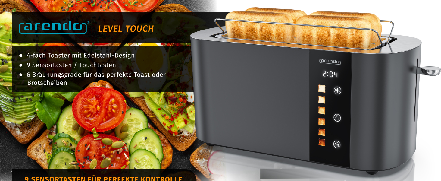 Тостер Arendo з нержавіючої сталі, 4 слоти, довгі прорізи, сенсорний екран, подвійні стінки, 1500 Вт, підставка для булочок, 6 рівнів підсмажування, центрування хліба, індикатор часу, пам'ять (B: Cool Grey)