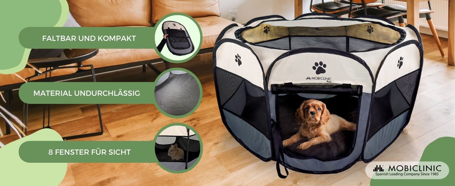Mobiclinic® Pets: Вольєр для цуценят, розкладний, 114x114x58 см, Scooby, 2 входи, 8 вікон, сірий