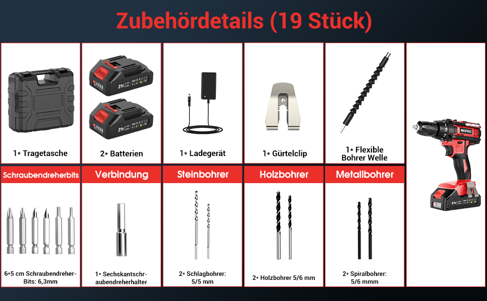 Акумуляторний шуруповерт 21V з набором 2 акумуляторів та 14 аксесуарів, кейс, 42Nm, 18+1 режимів, 10мм патрон, для дому