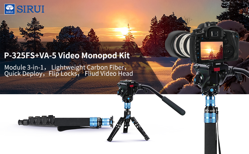 SIRUI Monopod P-325FS+VA-5: Вуглецеве моноподіум для камери, 170 см, вантажопідйомність 10 кг