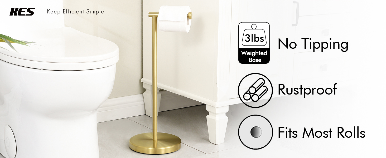 Stainless Steel Freestanding Toilet Paper Holder with Weighted Base - Brushed Gold Finish (51.3cm)