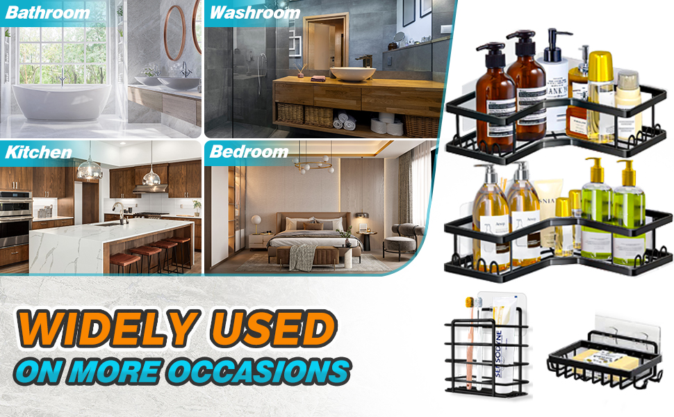 Набір з 4 полиці для душу без свердління, чорний, з мильницею та гачками, нержавіюча сталь, для ванної кімнати та кухні