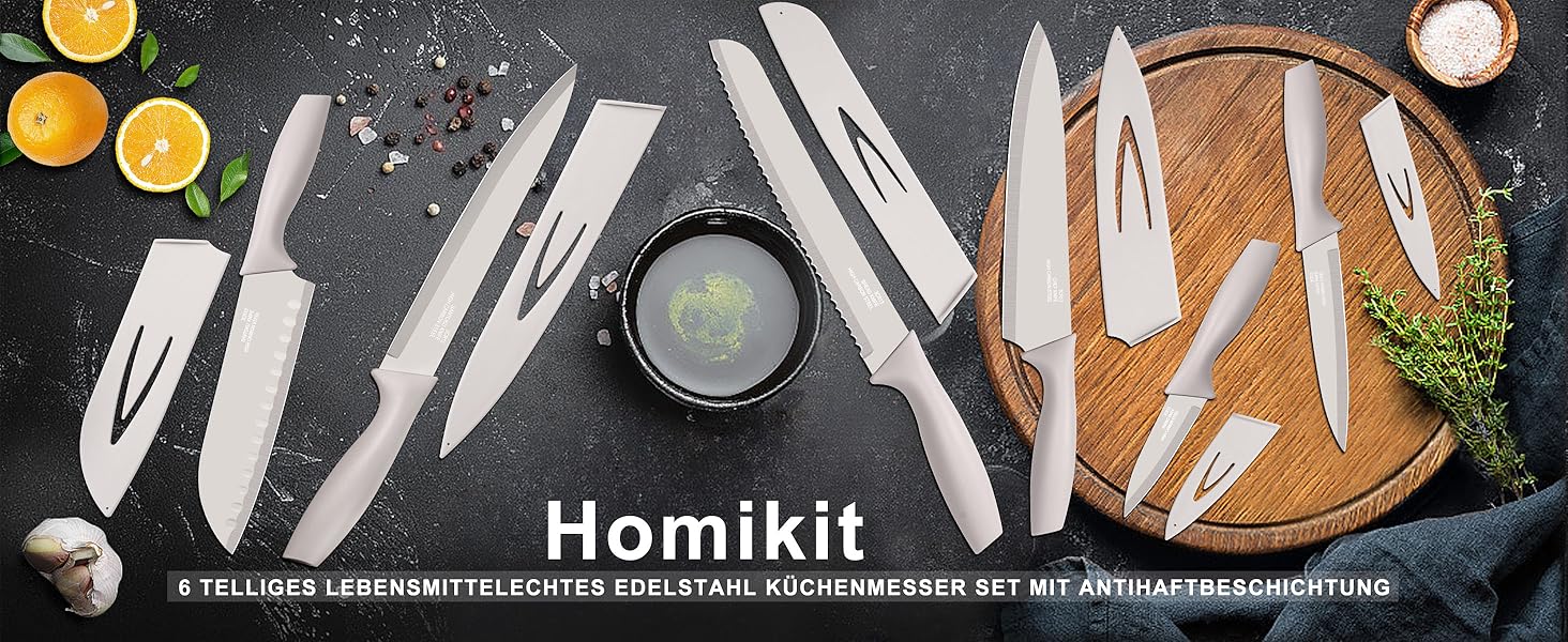 Набір кухонних ножів Homikit, нержавіюча сталь, 6 предметів, з захисним чохлом. Включає: кухарський ніж, ніж для м'яса, ніж для хліба, універсальний ніж, ніж для очищення овочів, сатокі. Антипригарне покриття, Khaki
