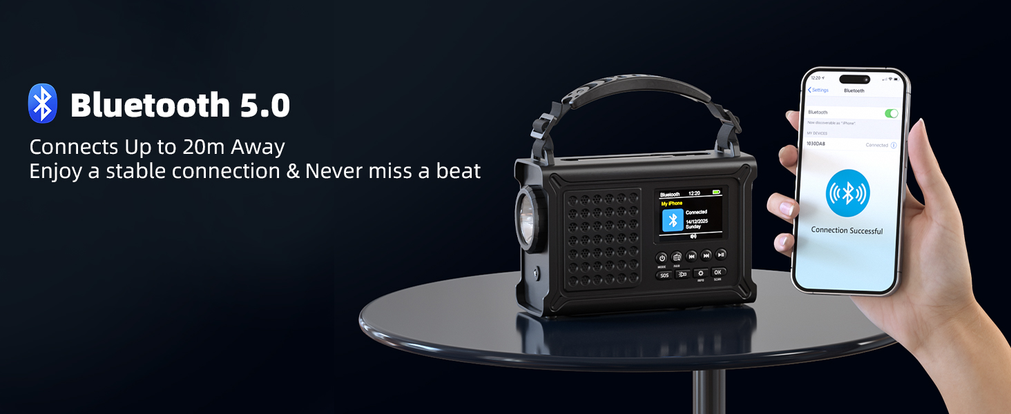 Радіо Kurbelradio на сонячній енергії та з ручним приводом | DAB/DAB+/UKW, Bluetooth 5.0 | Радіо для надзвичайних ситуацій з сонячною панеллю 8500 мм² та ручним приводом 650 мА | Портативне динамо-радіо з сонячною батареєю | Ліхтар та зарядний пристрій | Для кемпінгу та надзвичайних ситуацій, чорне