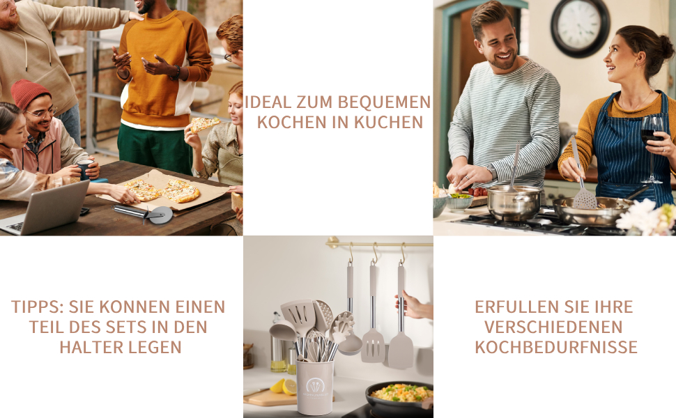 Набір кухонних помічників Silikon, 45 предметів: лопатки, ложки, пензлі та аксесуари для кухні з тримачем та S-гачками, термостійкий, придатний для миття в посудомийній машині, хакі