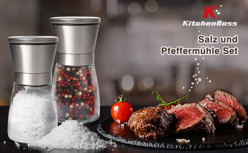 Набір з 2 шт. мельниць для солі та перцю KitchenBoss, регульована ступінь помолу, для великої солі, перцю, чилі (без наповнювача)