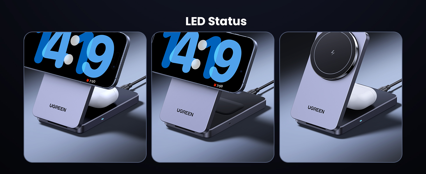 Зарядний пристрій UGREEN MagFlow Qi2 з підтримкою MagSafe, 15W, 2-в-1, для iPhone 17/16/15/14/13/12, AirPods 2/3, з кабелем 1м