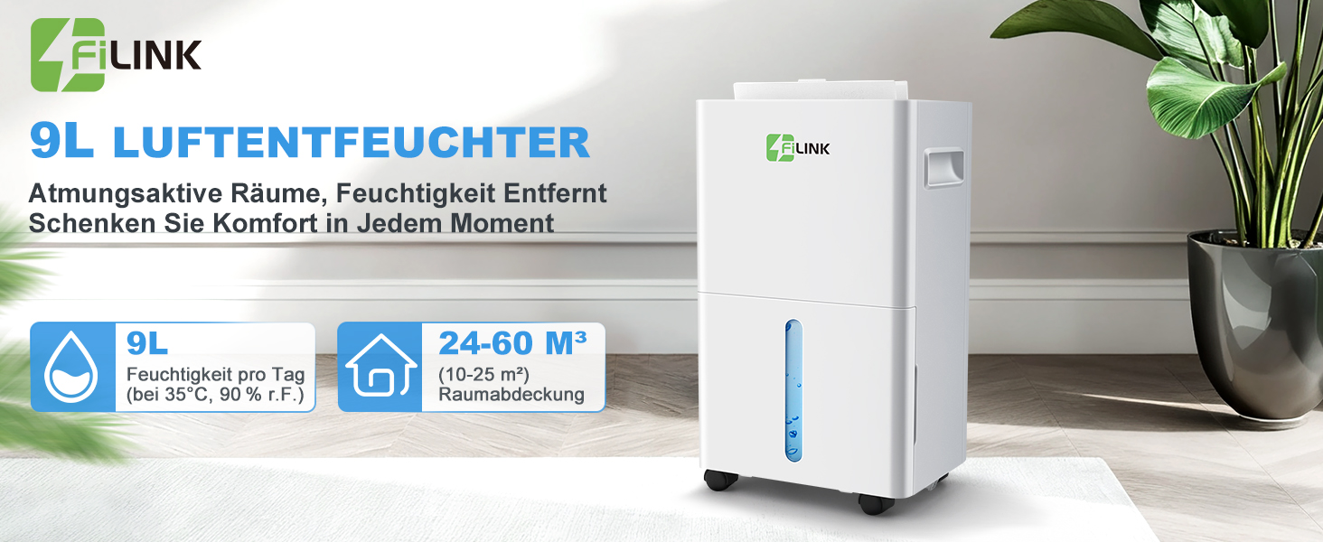 Електричний осушувач повітря 9л/добу, тихий, з дитячим замком, захистом від переливу та авторестартом, для спальні, ванної, підвалу та пральні