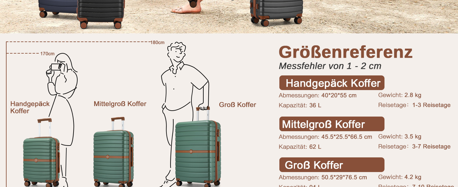 KONO Чемодан-валіза на коліщатках середнього розміру (66 см) з ABS+PC, з замком та подвійними колесами (Темно-зелений/Коричневий)