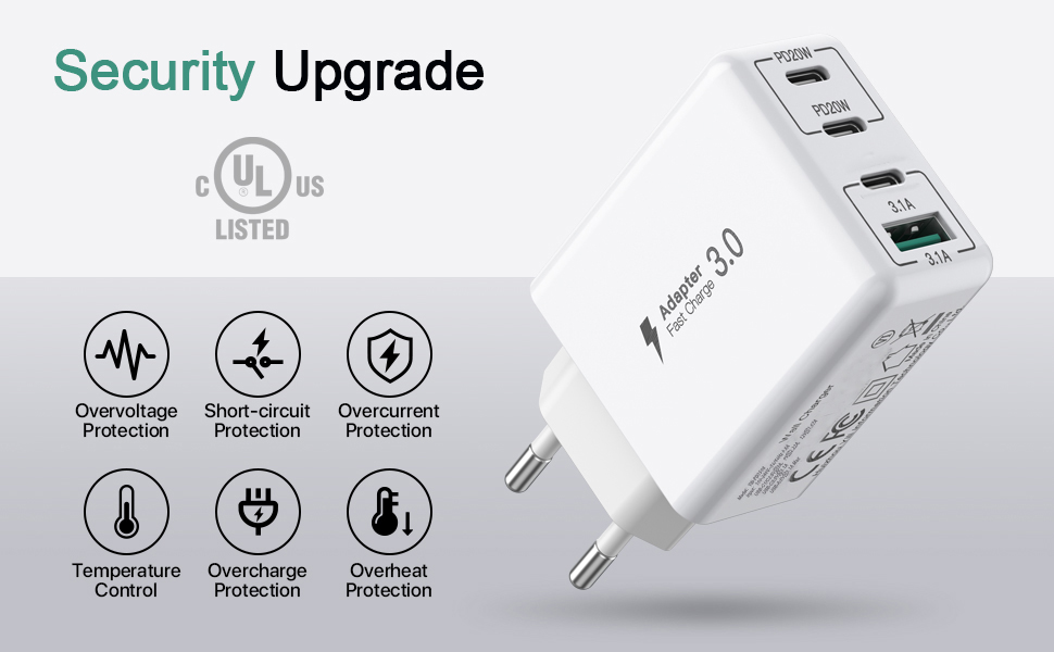 Блок зарядки USB C 40W 4-портовий, Швидка зарядка PD+QC, Багатопортовий для iPhone/Samsung/Tablet, Білий (2 шт. в упаковці)
