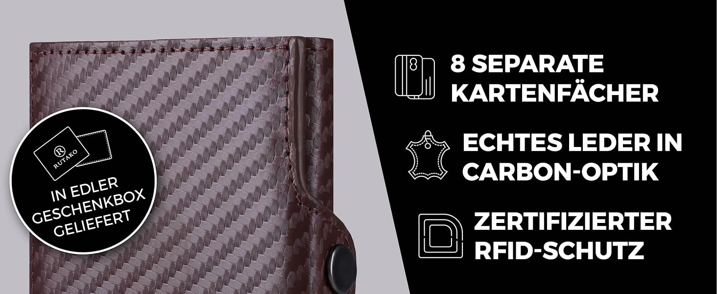 Слім-гаманець RUTAKO з RFID-захистом — компактний картхолдер для чоловіків та жінок, міні-портмоне з карбону (Коричневий карбон, без монетниці)
