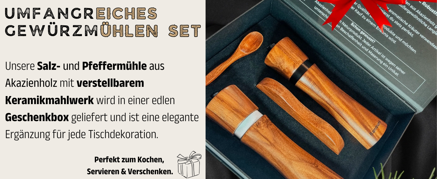 Набір для перцю та солі BAMBUNA з акацієвого дерева - 5 шт. з регульованою керамічною жорна - ручна млинка з підставкою та ложкою - Made in Germany
