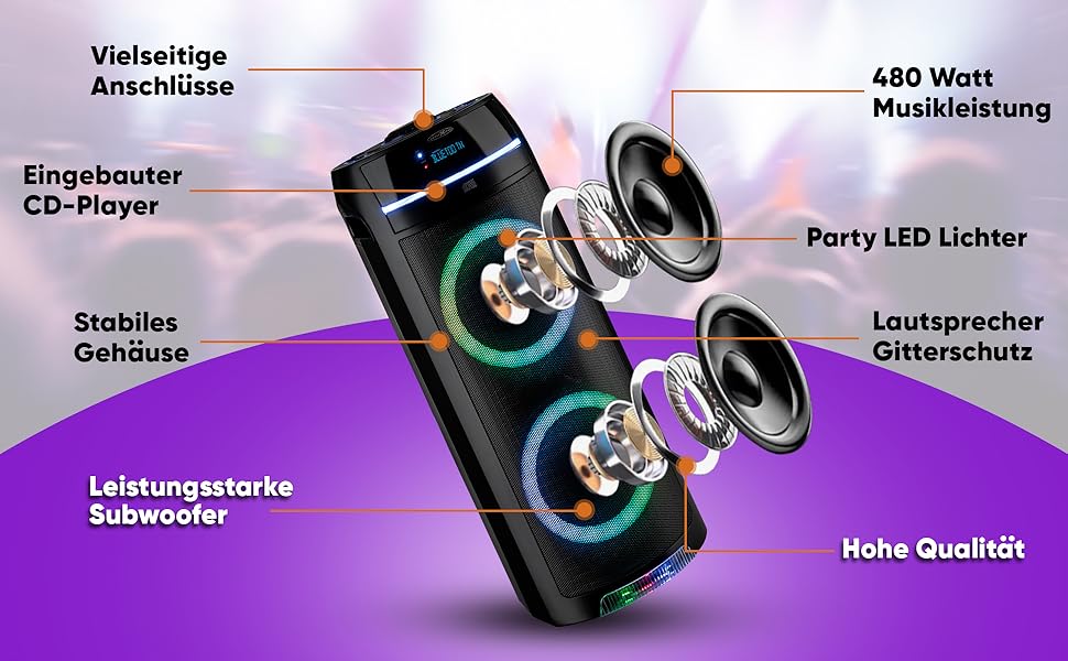 Reflexion PS09BT Bluetooth Партійний Динамік, DJ, Караоке, 500 Вт, Радіо UKW-PLL, LED-ефекти, Мікрофон, Акумулятор, Чорний