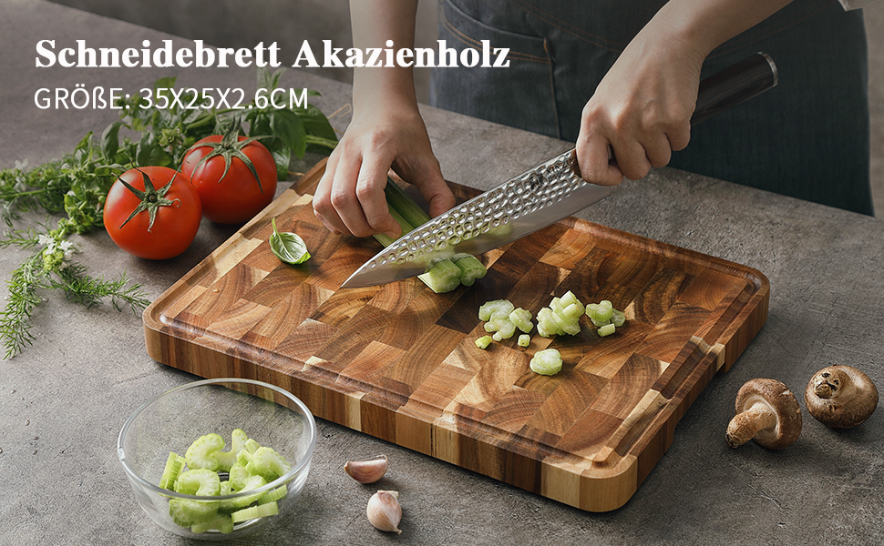 Дошка для нарізки з акації XINZUO 35x25x2,6 см, торцевий зріз, з ручками, антиковзними ніжками і жолобом для соку – кухонна дерев'яна дошка для м'яса та овочів