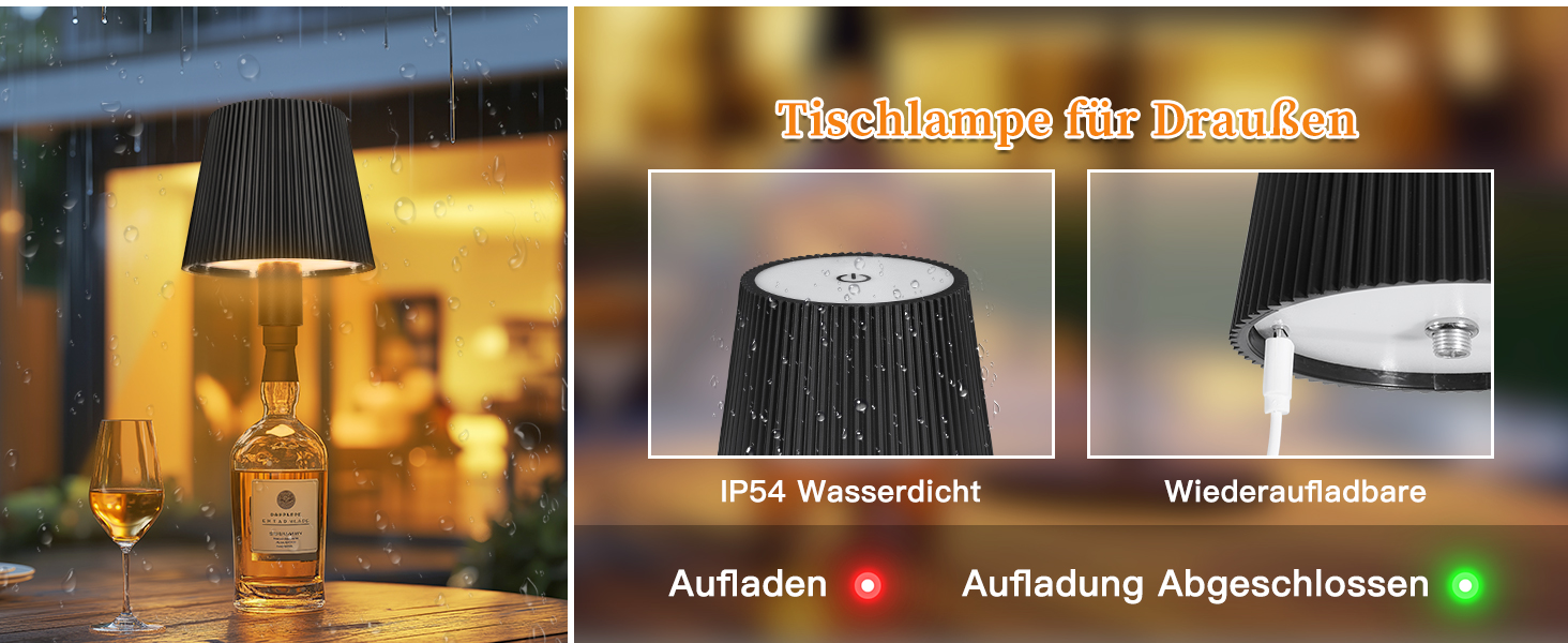 LED-лампа настільна бездротова диммируемая чорна з USB-C, сенсорна лампа з 3 колірними температурами, плавне регулювання яскравості, регульована висота, IP54 вологостійка для внутрішнього/зовнішнього використання (чорний)