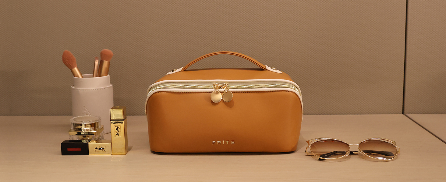 Косметичка велика містка для подорожей, водонепроникна з PU-шкіри, з прозорими роздільниками та ручкою (M, темно-коричнева)