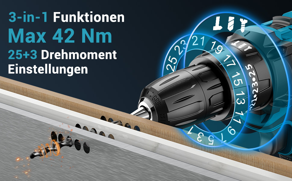 Акумуляторний шуруповерт MHPRO 21V з 2 акумуляторами 2.0Ah, 42Nm, 2 швидкості, 25+3 ступені крутного моменту, патрон 10 мм, LED-ліхтар, 14-ти елементний набір аксесуарів для дому, саду та DIY проектів (Блакитний 21V-1Akku)