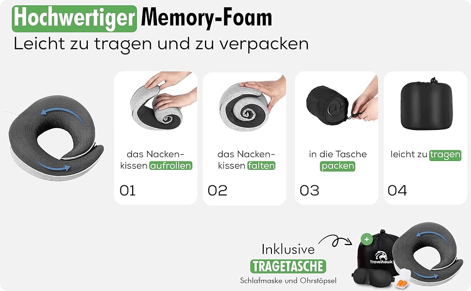 Подушка для шиї Näckenkissen: U-подібна подушка з Memory Foam, маска для сну та навушники.