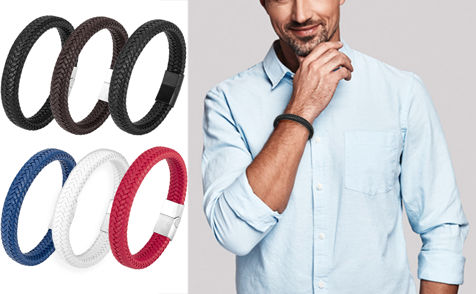 Чоловічий шкіряний браслет Armand, 21 см. Чорний, зелений, червоний, білий. Ідеальний подарунок на День батька.