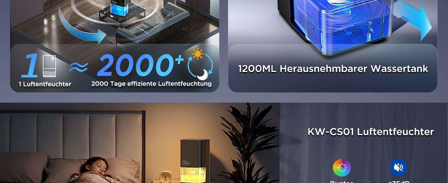 EasyAcc Електричний осушувач повітря 1200 мл, компактний, тихий, портативний, з автовимкненням та режимом сну. Ідеально для дому та офісу (чорний)