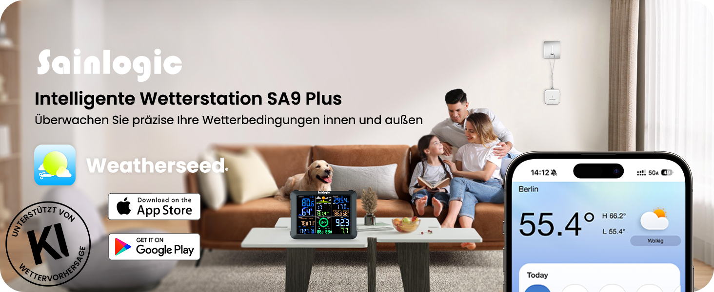 Метеостанція Sainlogic Smart Wetterstation SA6 Plus WiFi: 12-в-1, датчик зовнішньої температури, E-mail сповіщення, цифровий дощомір, анемометр (чорна)