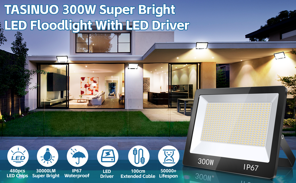 LED прожектор 300W для вулиці, IP67, 2 шт, 30000Лм, 7000K, холодне біле світло, водонепроникний, для складу, саду, гаража, двору, паркування