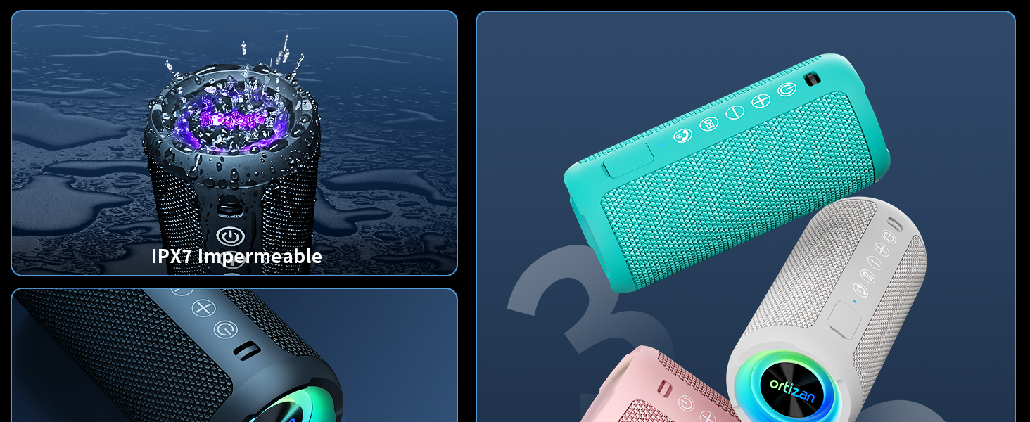 Портативна Bluetooth колонка Ortizan з RGB підсвічуванням, IPX7, 30 годин роботи, Bass Boost, TWS, AUX, TF картка, мікрофон (чорний)