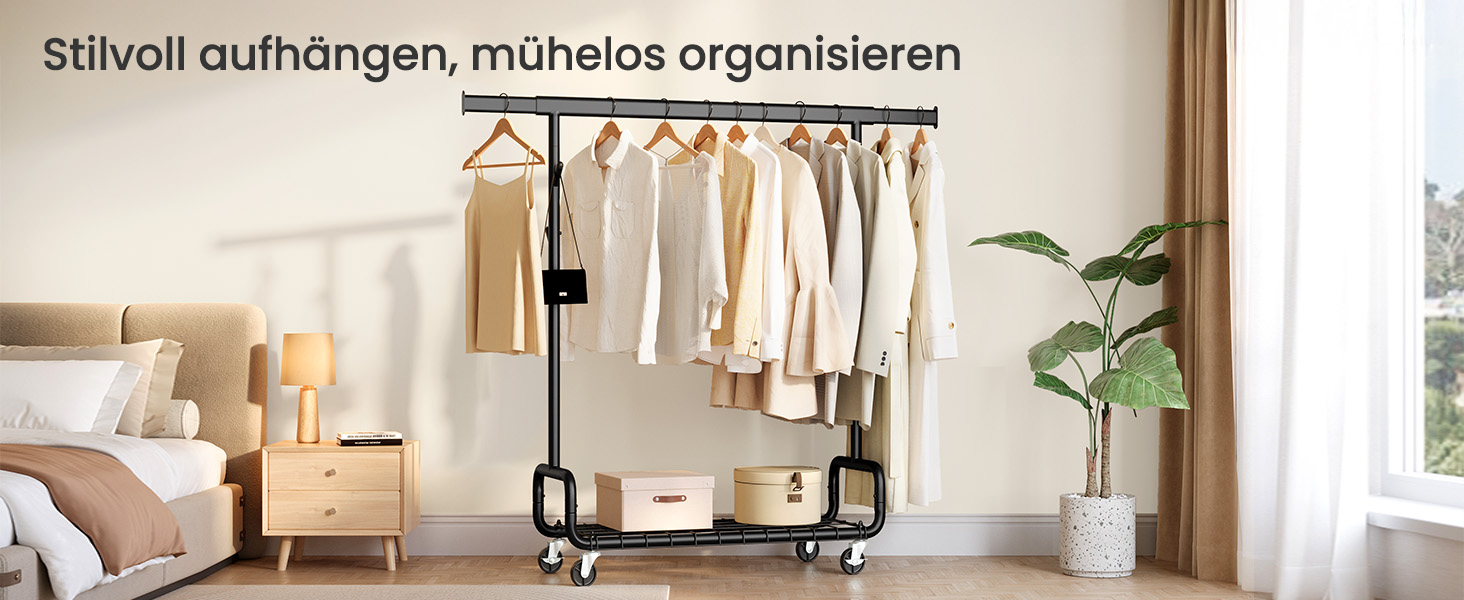 SONGMICS Стійка для одягу на коліщатках, важка, з висувними штангами, регульована висота, з полицею та гачками (HSR015B01, Чорний)