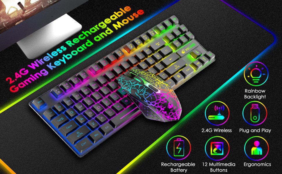 Механічна ігрова комбо клавіатура та миша з підсвічуванням Rainbow: клавіатура 87 клавіш, миша 2400DPI з 6 кнопками, та килимок для миші (чорний)