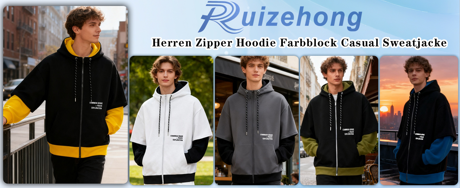 Чоловіча толстовка з капюшоном RUIZEHONG з блискавкою, блоковий колір, з кишенями, повсякденна, біло-чорна, розмір XL
